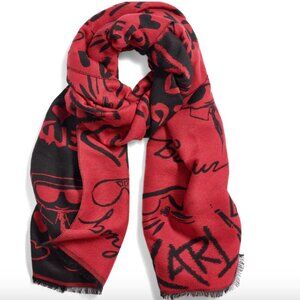 NWT KARL LAGERFELD ICONS AND KARL SCARF WRAP BLACK RED